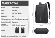 Load image into Gallery viewer, VENIWAY Multifunction USB Charge 15 inch Waterproof Laptop Backpacks Male Mochila For XD City Antitheif Travel Design Backpack