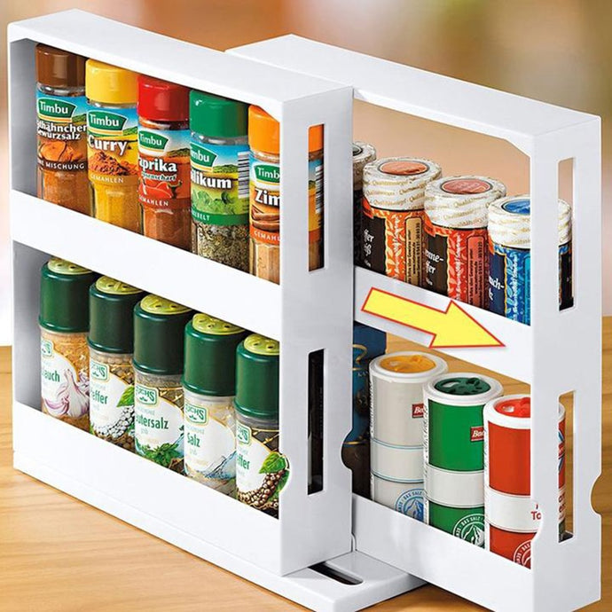 2 Layer Storage Kitchen Rotating Organize Spices Jar Bottle Storage Rack Kitchen Bottle Storage Organizer Shelves Slide Cabinet
