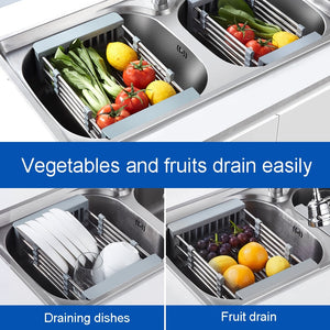 Kitchen Organizer Cleaning Fruit Vegetable Cutlery Drainer Stainless Steel Rack Drain Basket Telescopic Sink Rack Dish Rack