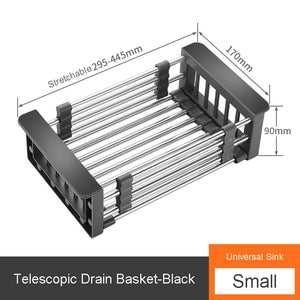 Kitchen Organizer Cleaning Fruit Vegetable Cutlery Drainer Stainless Steel Rack Drain Basket Telescopic Sink Rack Dish Rack