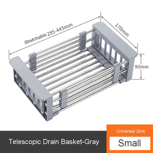 Kitchen Organizer Cleaning Fruit Vegetable Cutlery Drainer Stainless Steel Rack Drain Basket Telescopic Sink Rack Dish Rack