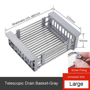 Kitchen Organizer Cleaning Fruit Vegetable Cutlery Drainer Stainless Steel Rack Drain Basket Telescopic Sink Rack Dish Rack