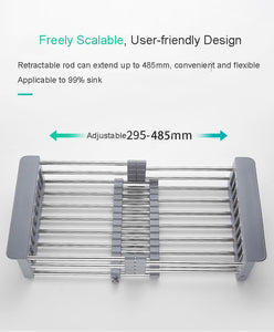 Kitchen Organizer Cleaning Fruit Vegetable Cutlery Drainer Stainless Steel Rack Drain Basket Telescopic Sink Rack Dish Rack